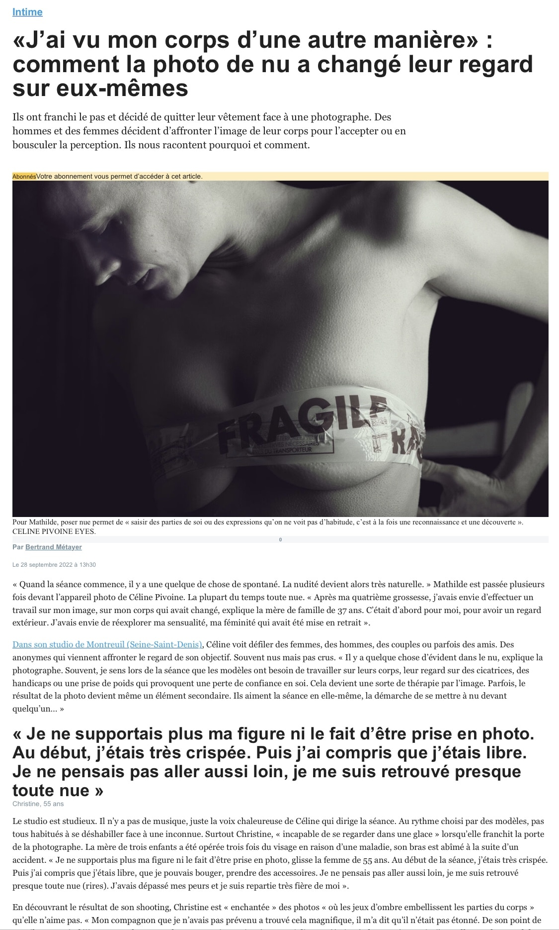 Extrait de l'article paru dans Le Parisien le 28 septembre 2022 dans la rubrique intime sur comment la photo de nu a changé le regard des gens sur eux-mêmes