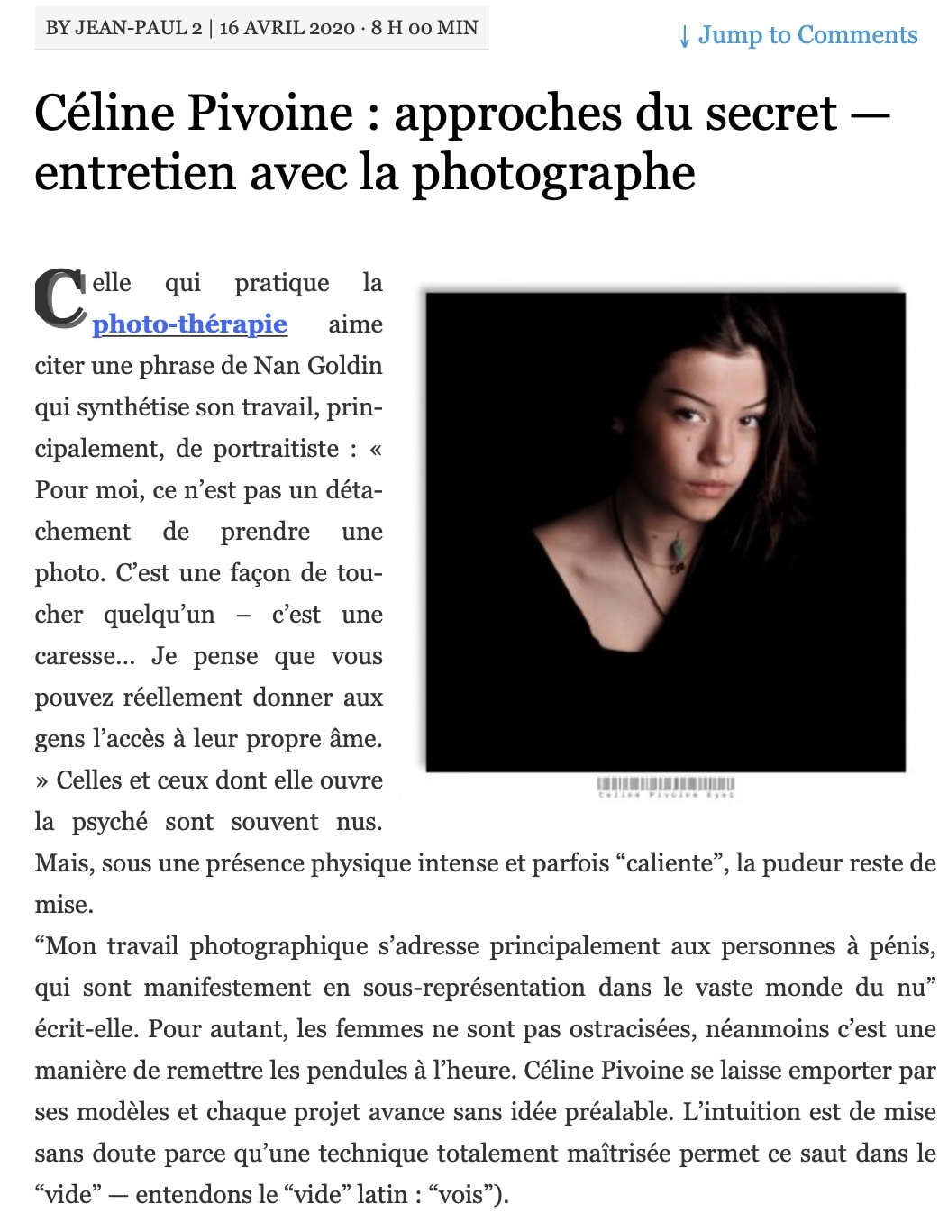 article presse le littéraire avril 2020 présentant Céline Pivoine Eyes photographe spécialisée en nu artistique à effet thérapeutique pour homme