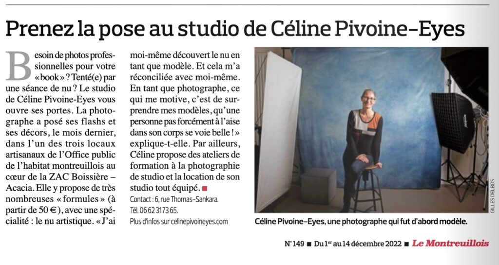 article presse le montreuillois décembre 2022 présentant le studio photo Céline Pivoine Eyes photographe spécialisée en nu artistique à effet thérapeutique