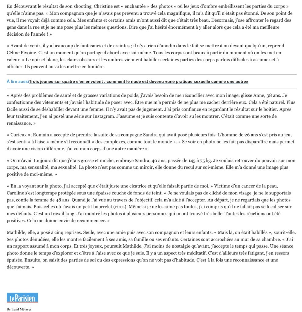 Extrait de l'article de Bertrand Métayer paru dans Le Parisien le 28 septembre 2022 dans la rubrique intime sur comment la photo de nu a changé le regard des gens sur eux-mêmes, en séance photo estime de soi par l'image avec la femme photographe professionnelle Céline Pivoine Eyes en ile de France