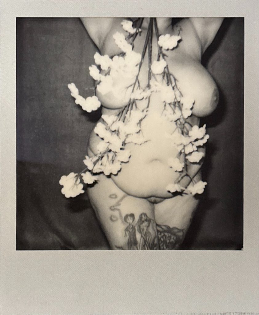 séance confiance en soi par le nu artistique pour femme ronde pulpeuse curvy grosse boudoir bien-être par céline pivoine femme photographe au studio photo location à Montreuil en Ile de France polaroid noir et blanc topless fleurs