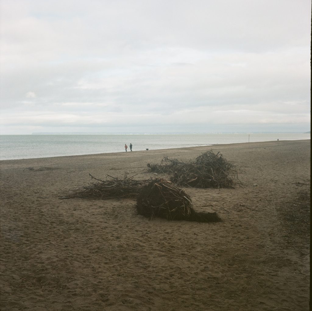 Flexaret II Meopta F007 appareil photo argentique ancien moyen format TLR film 120 6x6 collection avec objectifs Mirar et obturateur Prontor-S (c. 1945) plage de normandie aube sable branches mer promeneurs par Céline Pivoine Eyes femme photographe